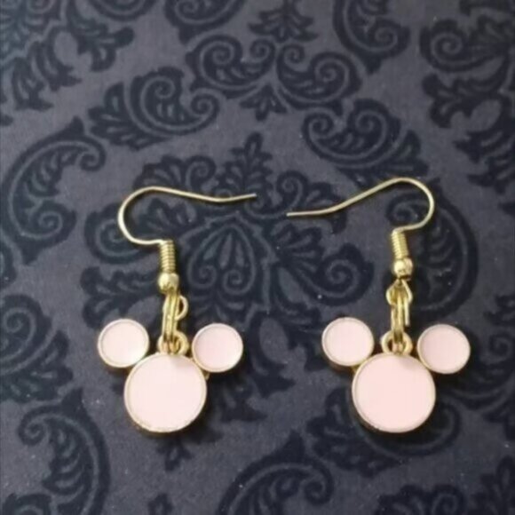 Disney Mickey Mouse Pink Gold Tone Dangle Earrings New - Picture 1 of 3